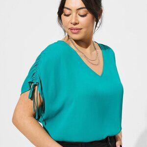 Torrid - Georgette Dolman Shirring Tie Detail Crop Blouse in Fanfare Teal​​​​​​​